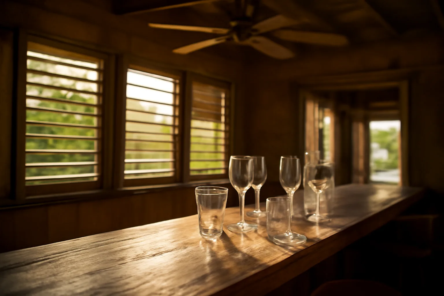 Empty Caribbean bar counter at golden hour representing liquor license planning in Trinidad and Tobago