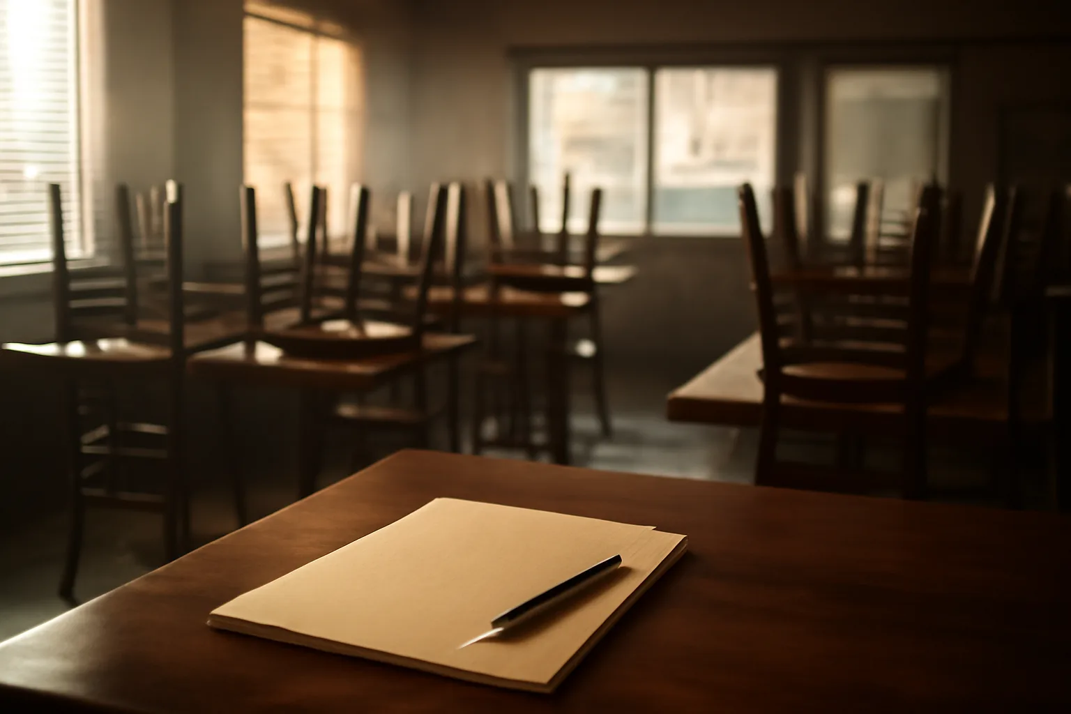 Empty restaurant dining room at dawn with paperwork on the bar before opening
