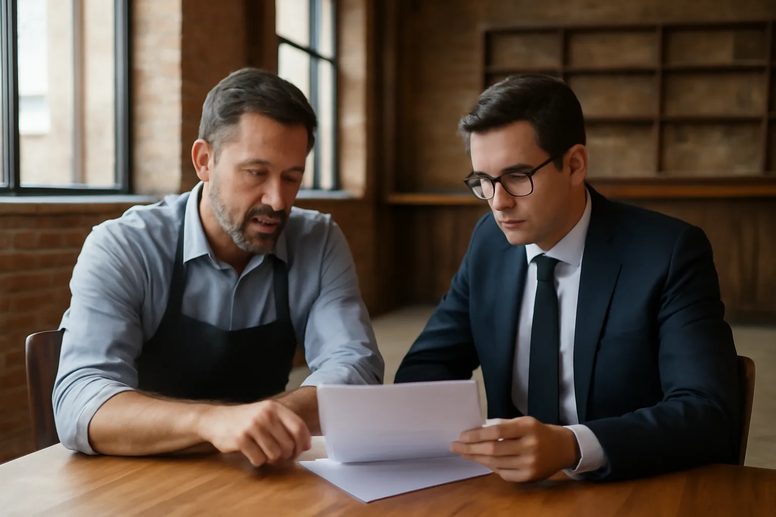 Restaurant owner and advisor reviewing lease paperwork while planning a NYS liquor license application