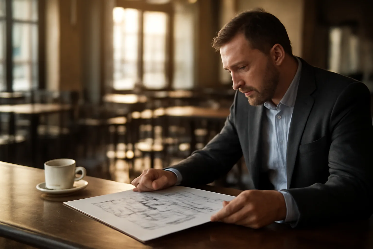 Restaurant owner reviewing paperwork at bar counter while planning a one day liquor license event