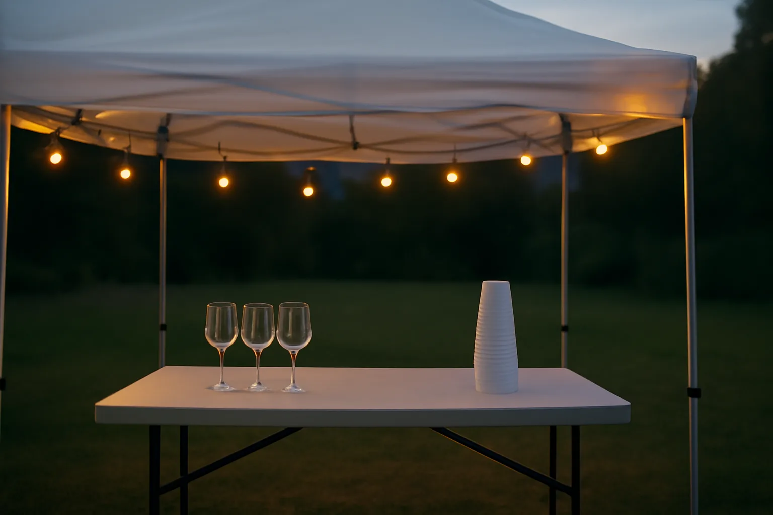 Event tent setup with glasses on a table, representing a special event liquor license venue