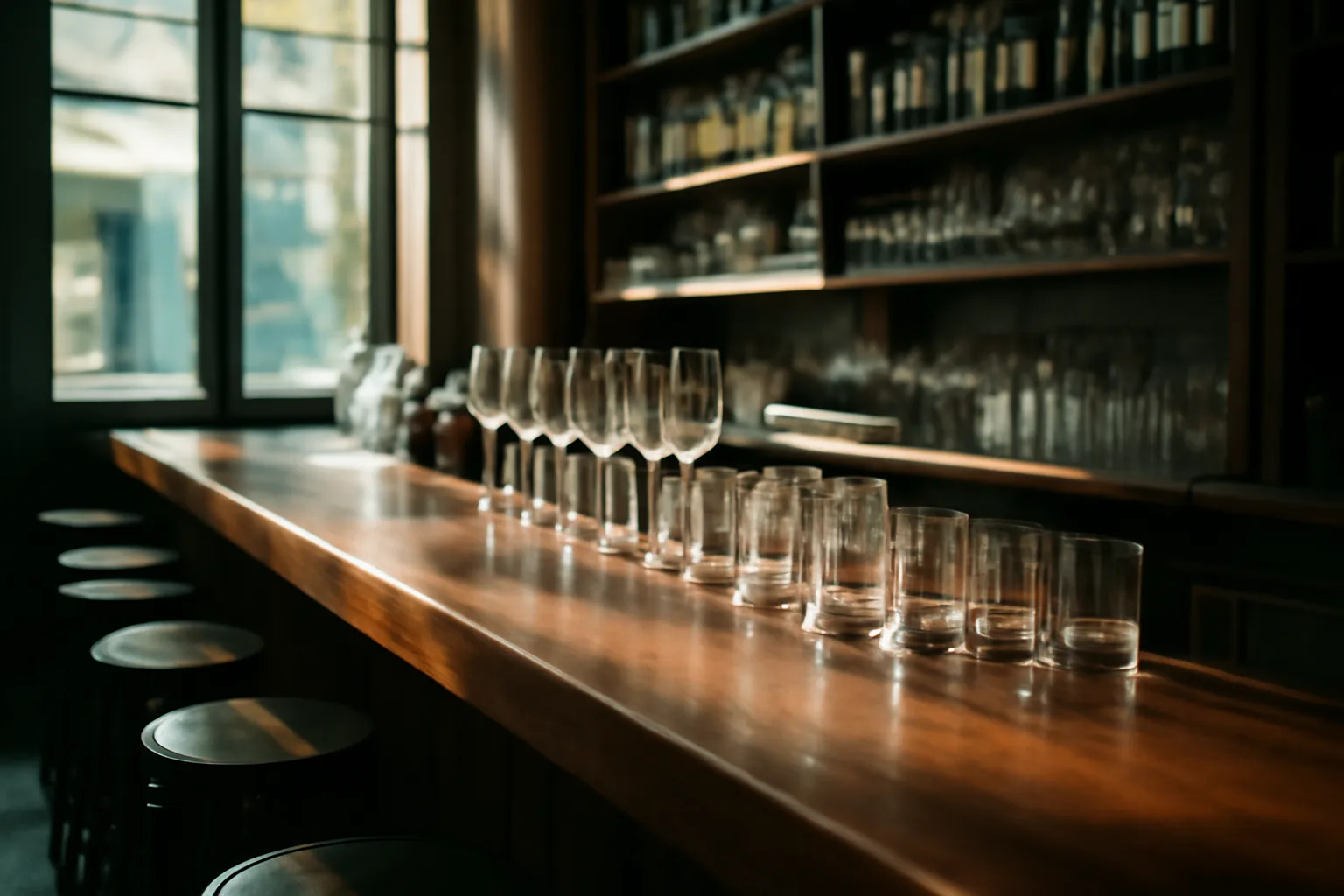 Empty restaurant bar counter in morning light before a Texas liquor license opening