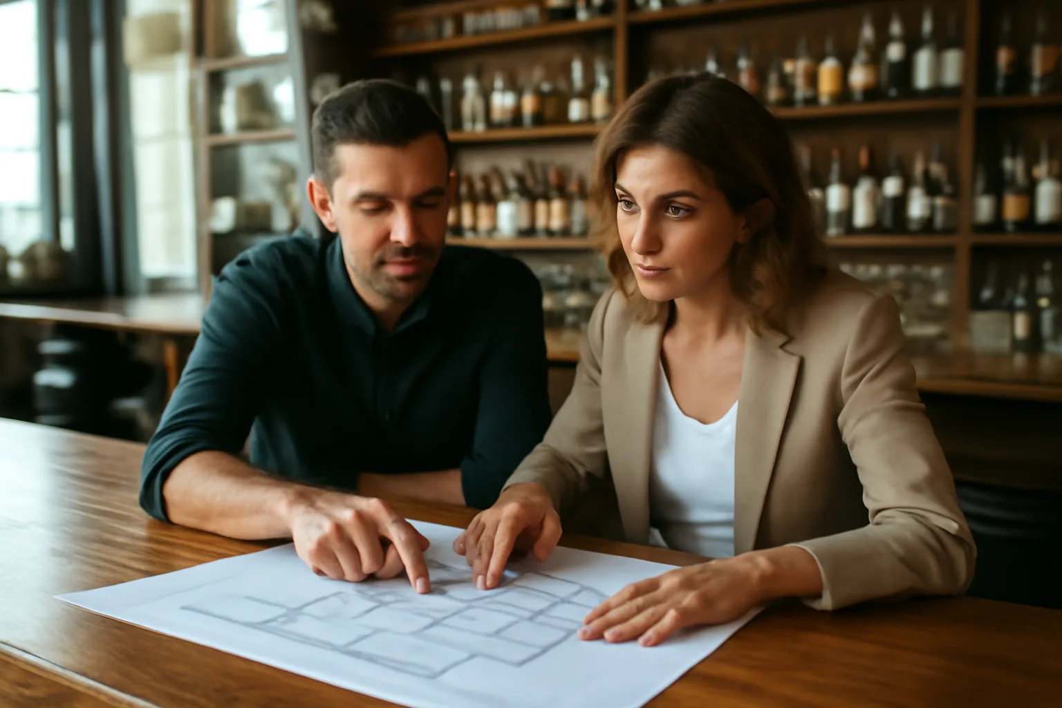 Bar owner reviewing floor plan documents at a wooden bar counter before opening