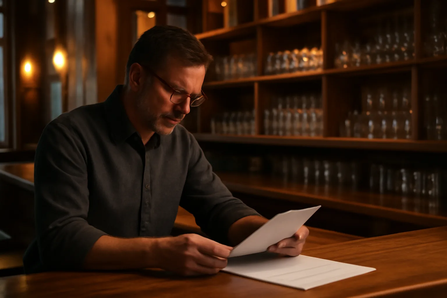 Restaurant owner reviewing documents at bar counter before opening, Tennessee liquor license process