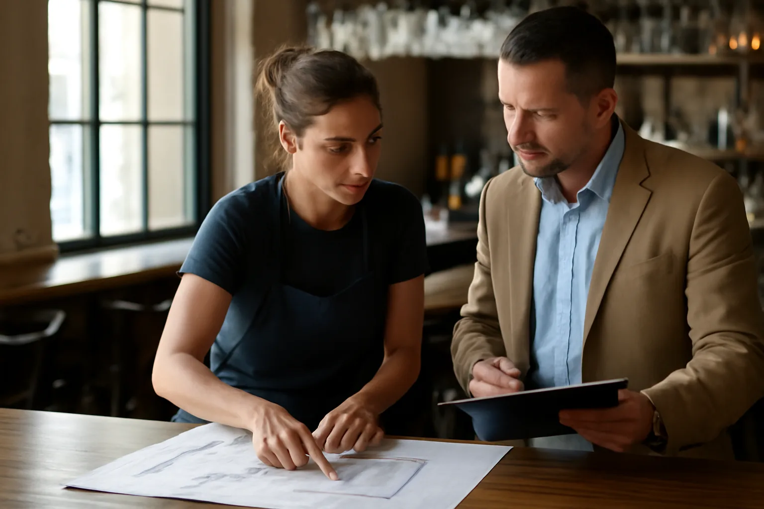 Restaurant owner and official reviewing floor plan at bar counter before opening