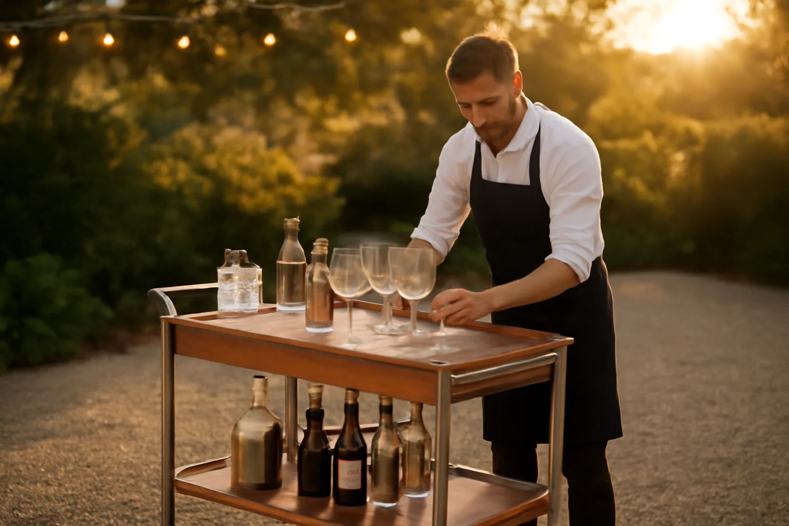 Mobile bar cart set up outdoors at golden hour before an event