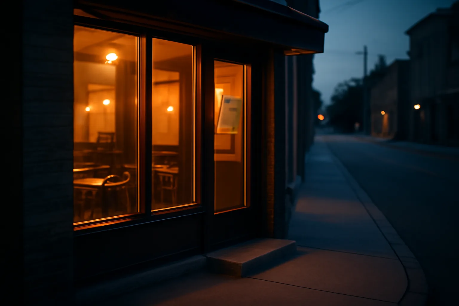 Restaurant entrance at dusk showing a posted public notice, part of getting a liquor license in California