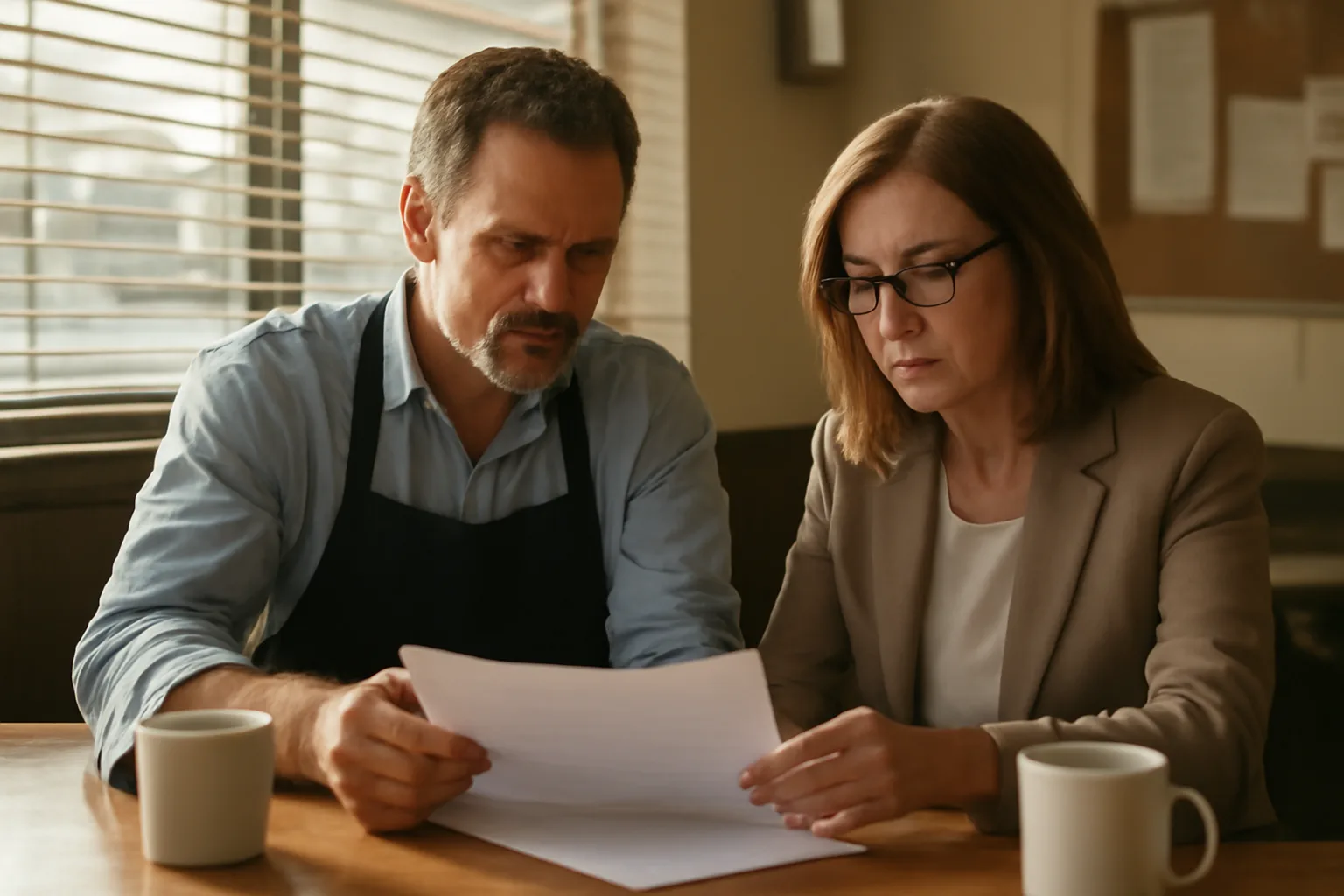 Restaurant owner meeting with a city clerk about a Georgia liquor license application