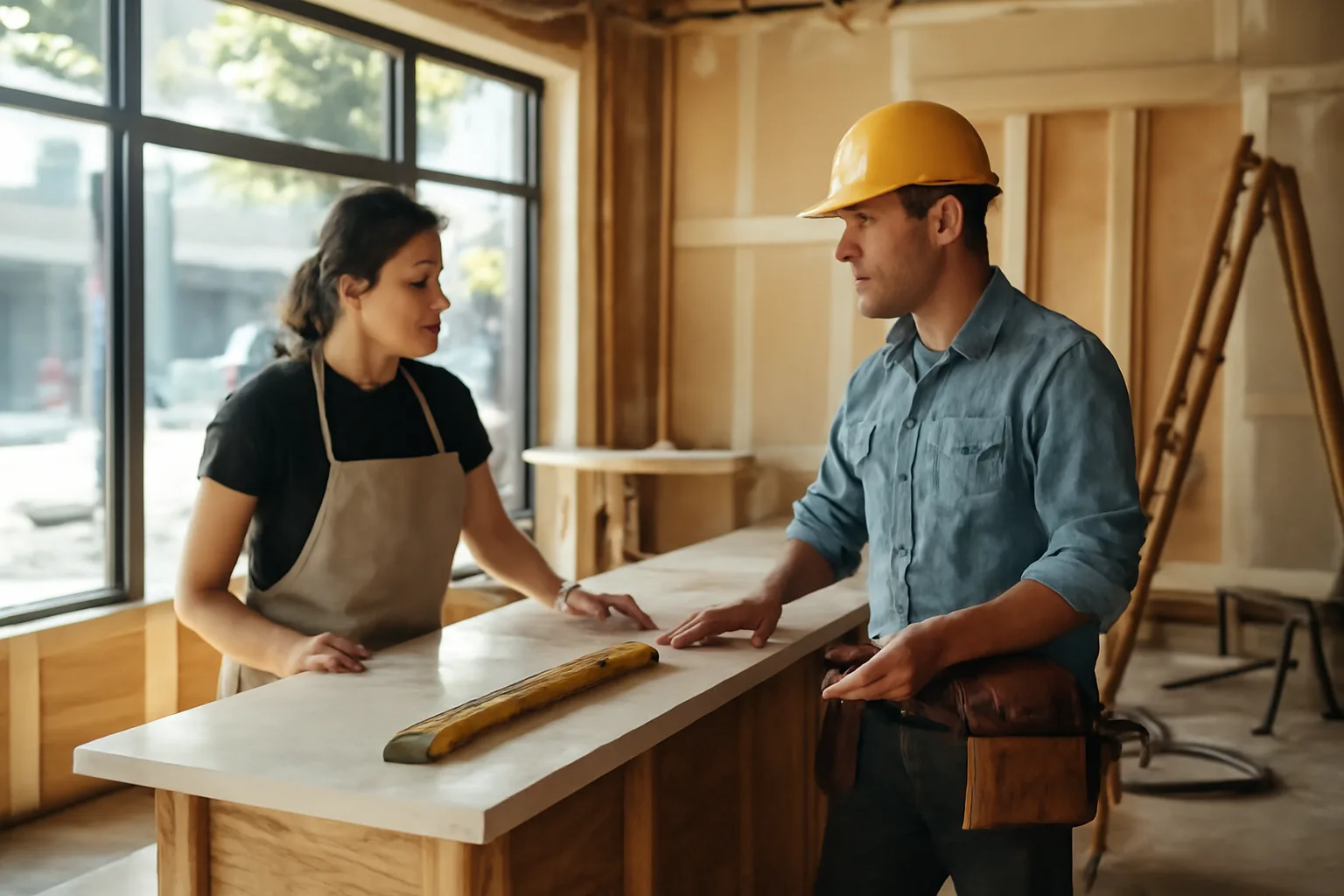 Restaurant owner reviewing plans at an under-construction bar counter in Los Angeles
