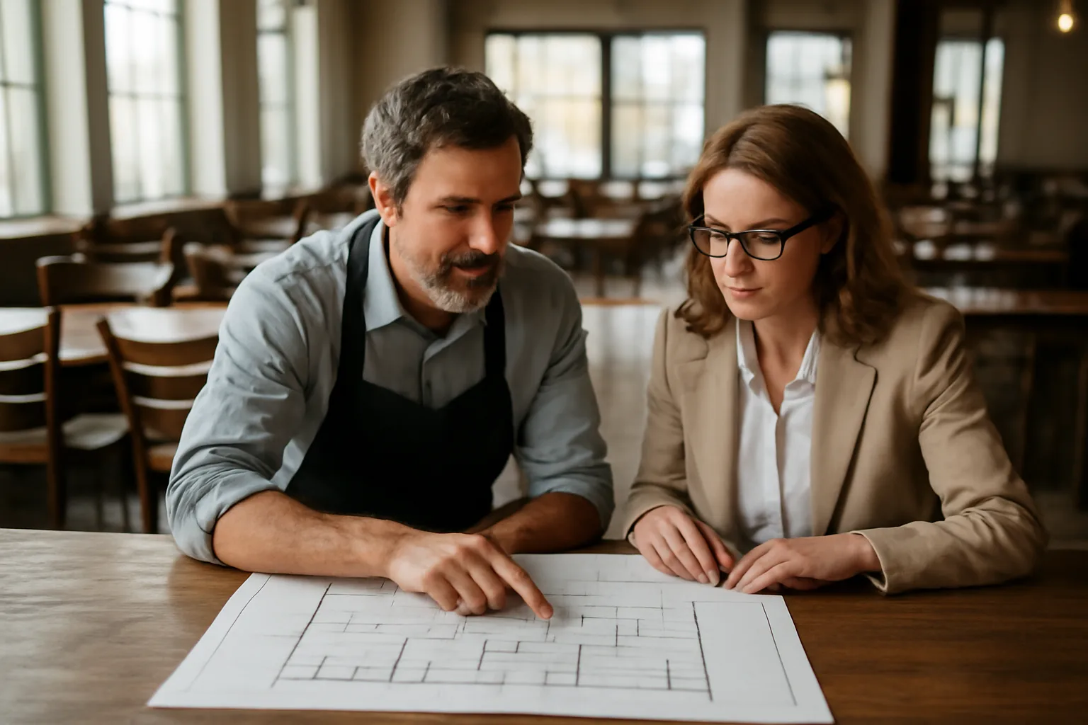 Restaurant owner and clerk reviewing floor plan for a Michigan liquor license application