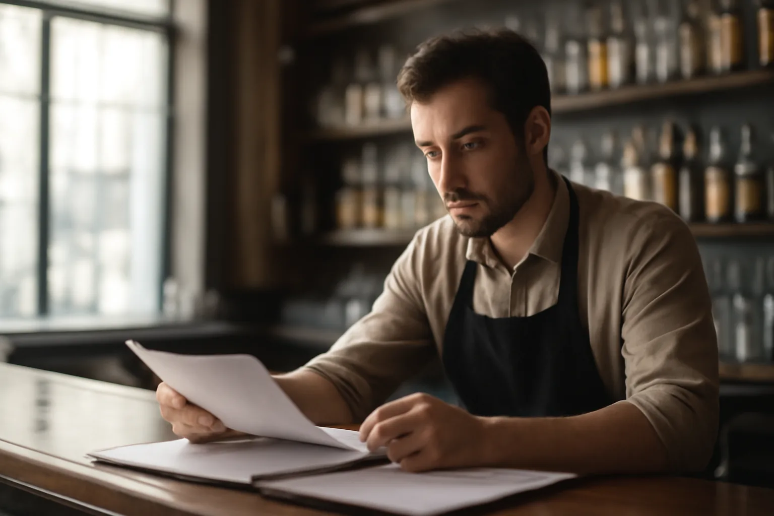 Bar manager reviewing renewal paperwork at the counter before opening