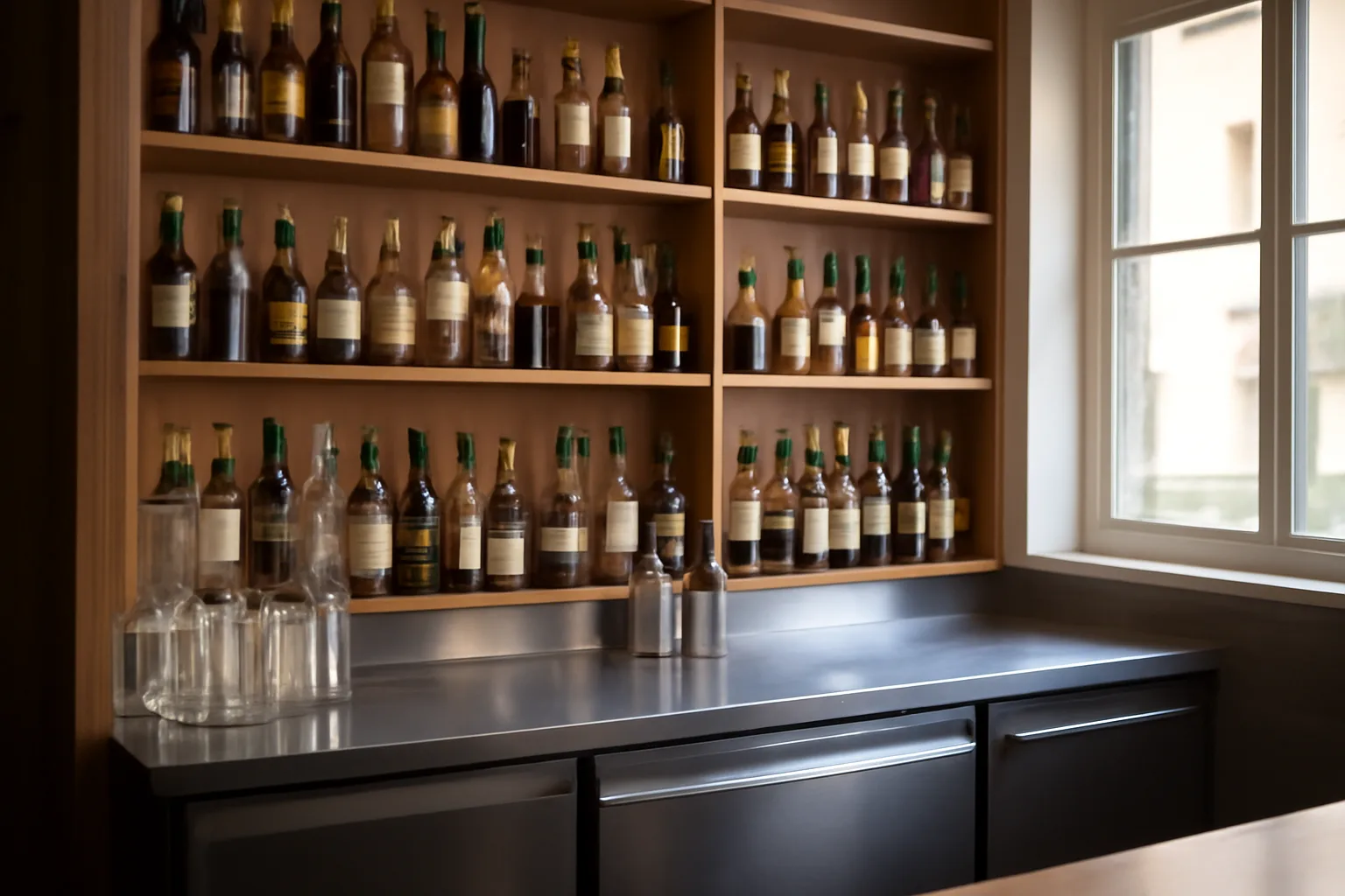 Bar shelves and prep counter representing state versus federal liquor license questions