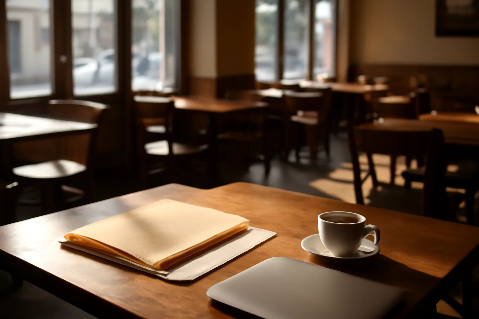 Restaurant owner's paperwork and laptop on a table while planning a liquor license application