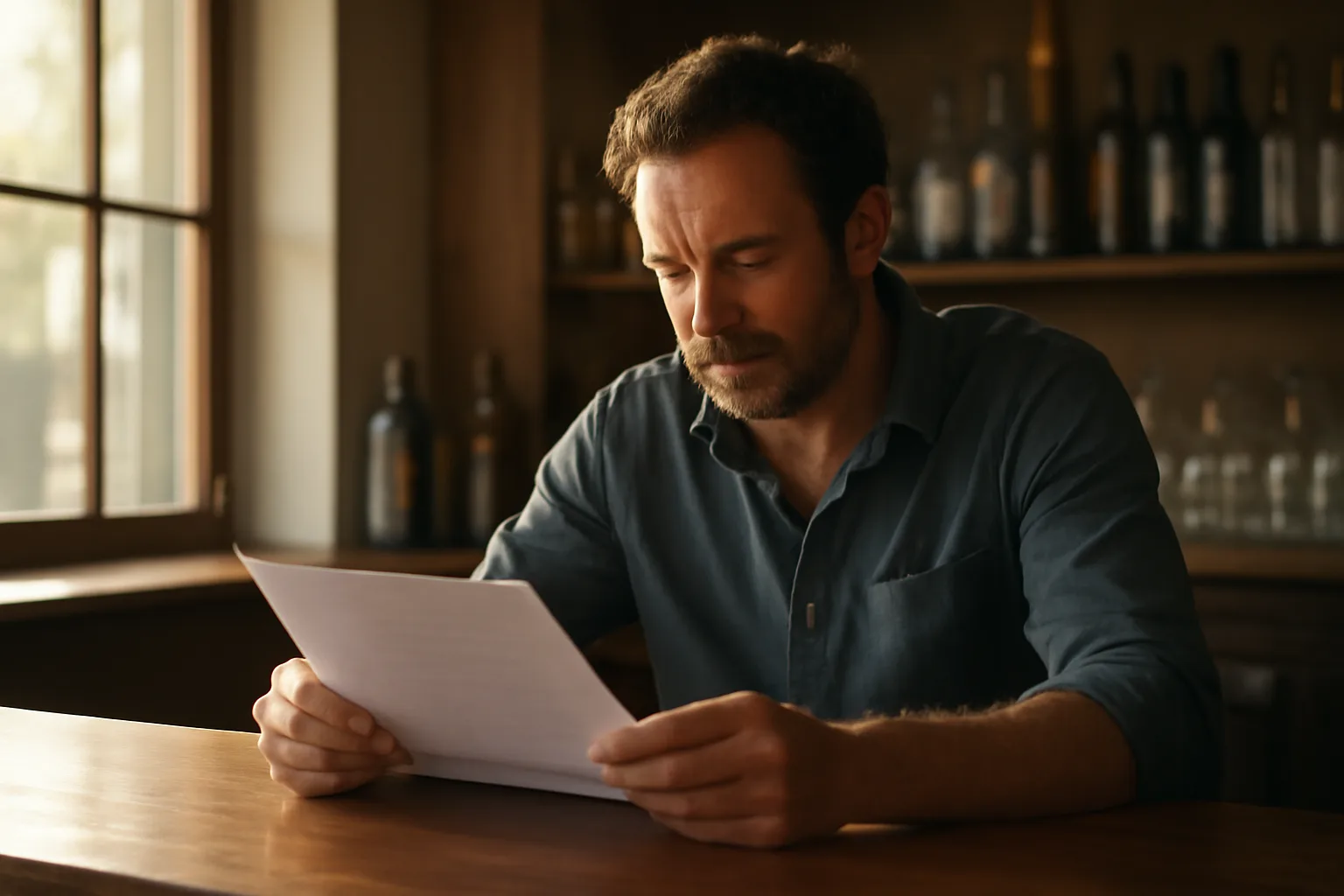 Restaurant owner reviewing liquor license paperwork at an empty bar counter