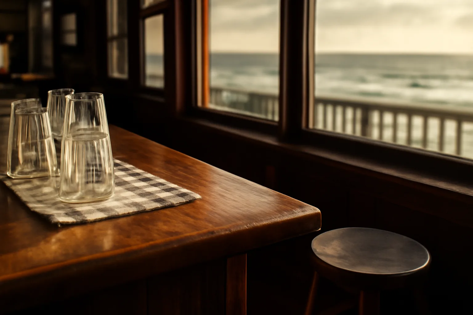 Empty coastal bar and grill interior with wooden bar top in afternoon light