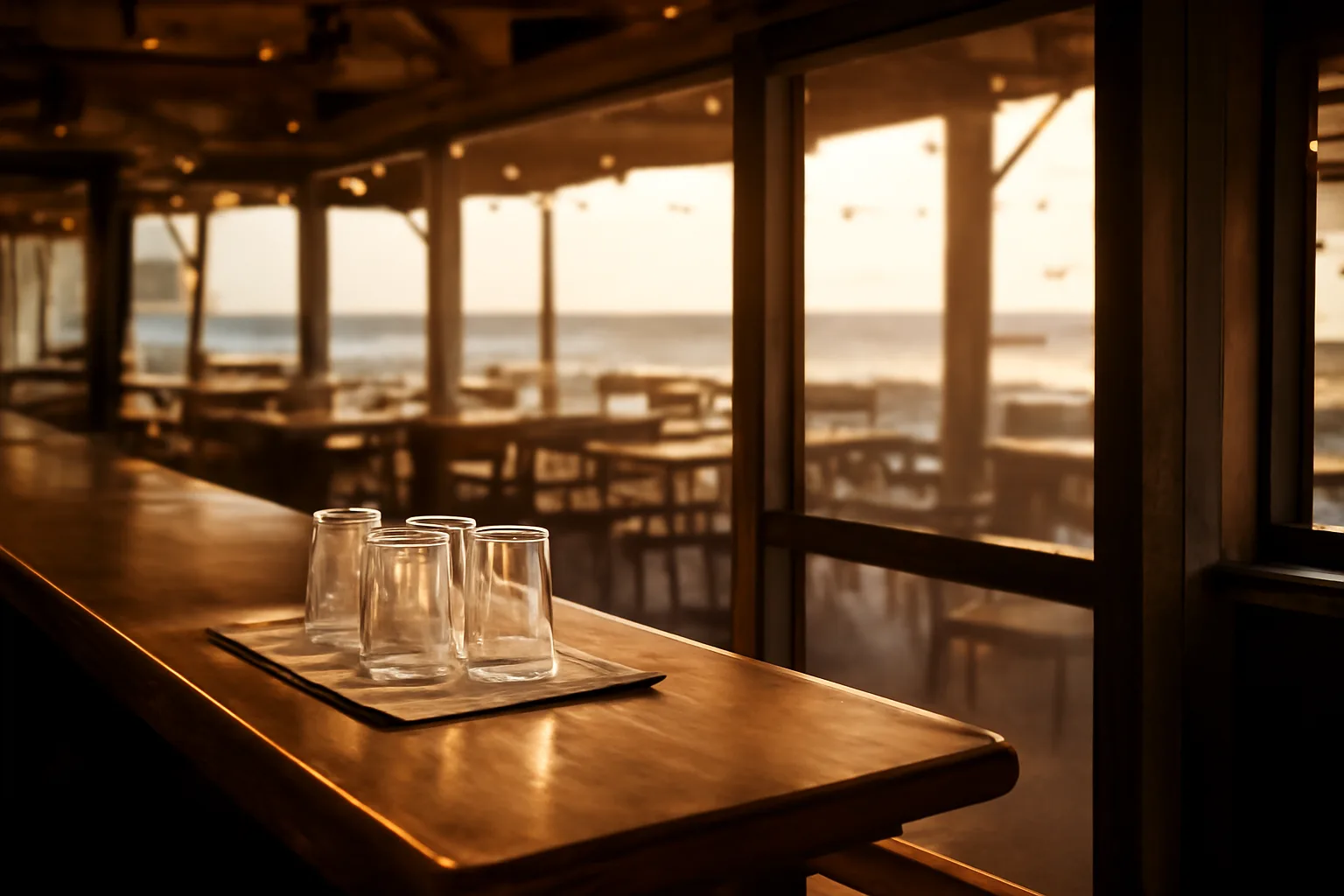 Sunlit patio bar at a coastal bar and grill before opening hours