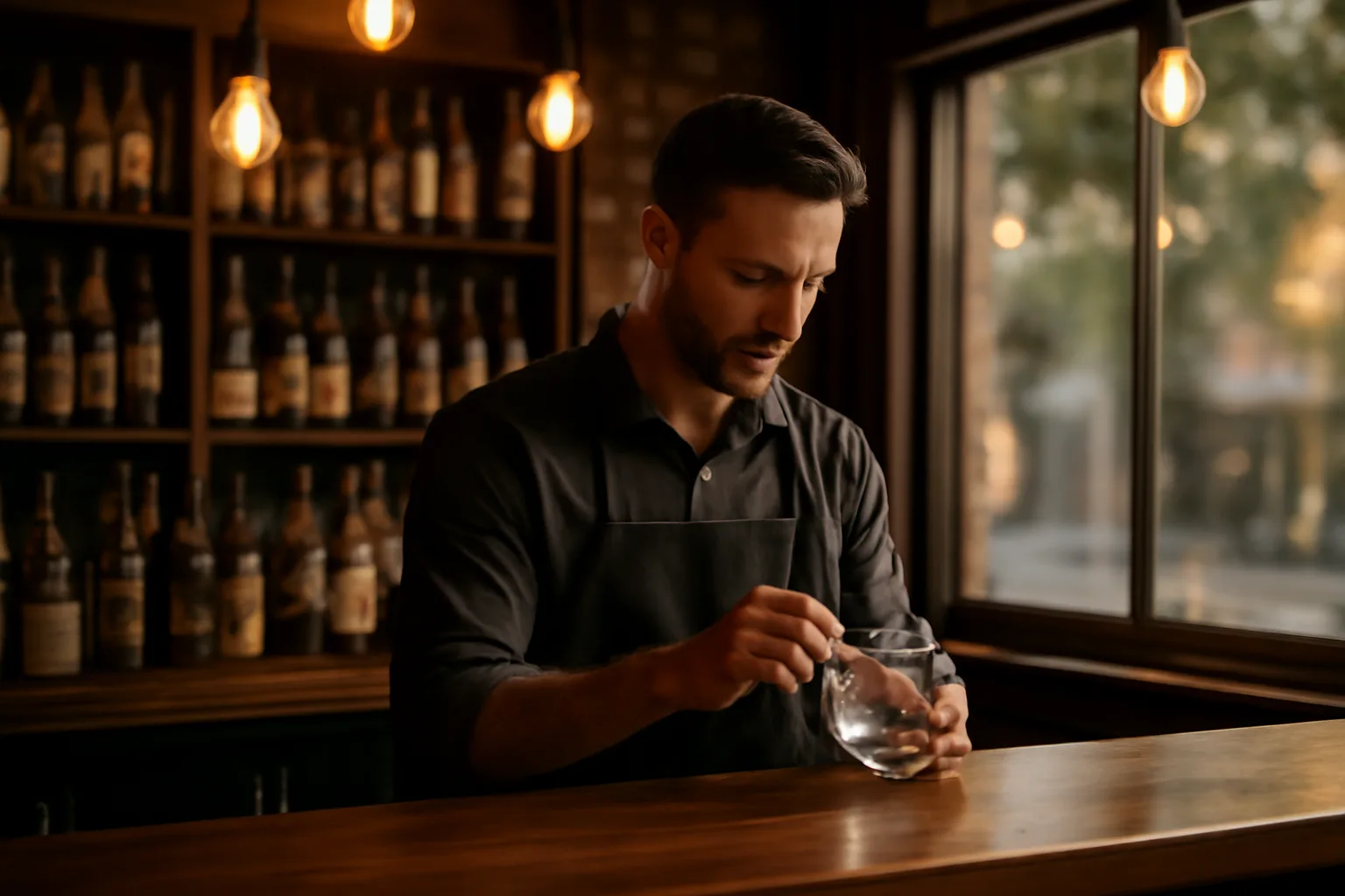Bartender polishing a glass behind a lit bar counter at dusk