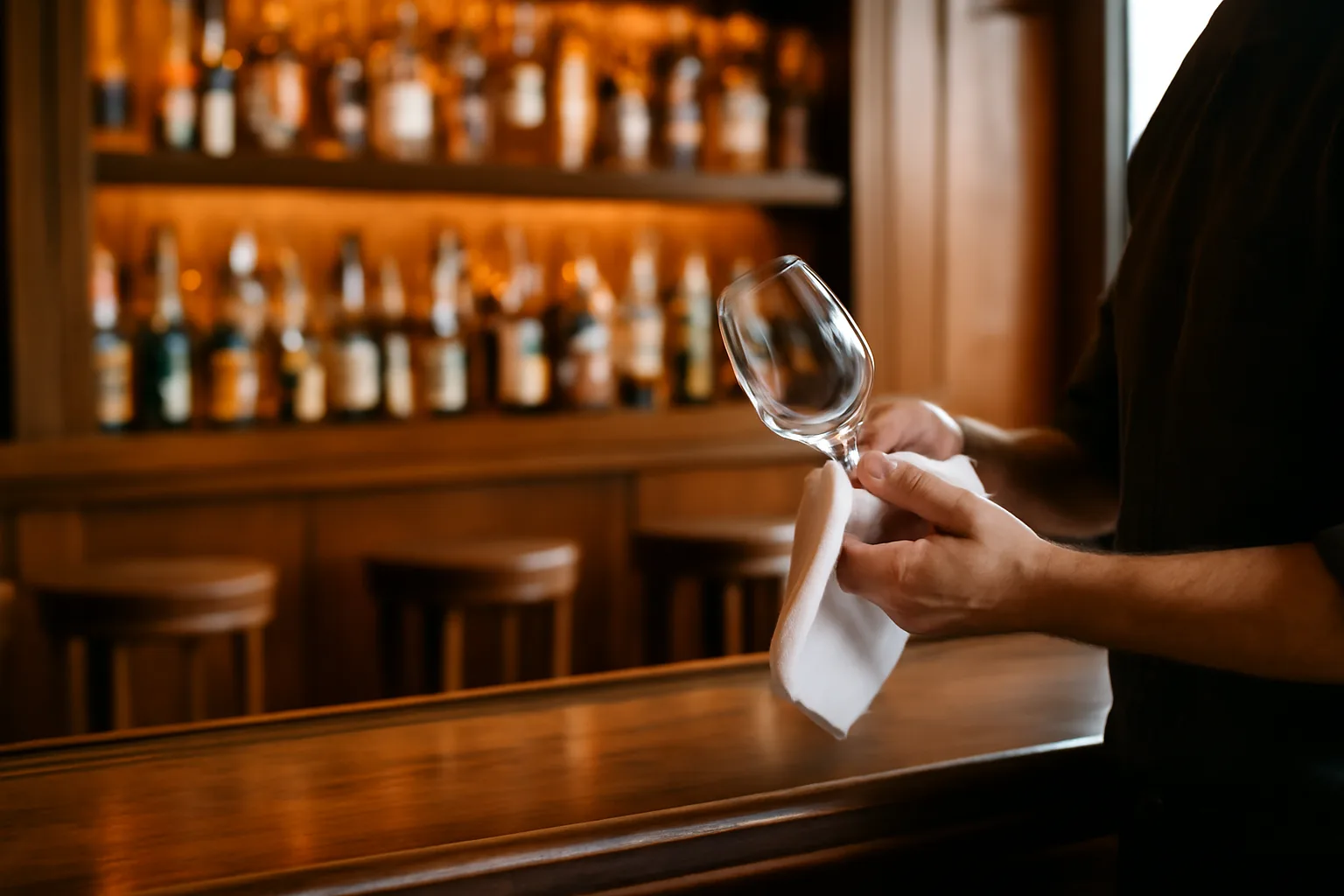 Bartender polishing a glass behind a well-stocked bar, representing a licensed alcohol establishment