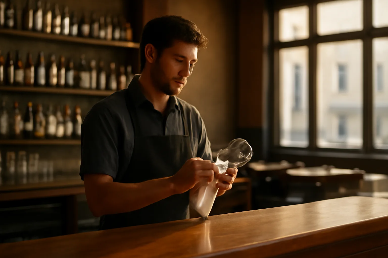 Bartender preparing behind the bar before opening, illustrating liquor handling license training