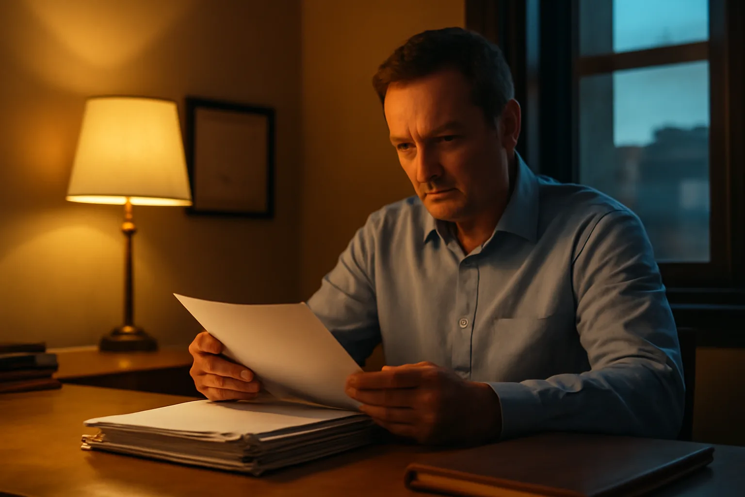 Restaurant owner reviewing lease and permit documents at a desk, researching liquor licence requirements