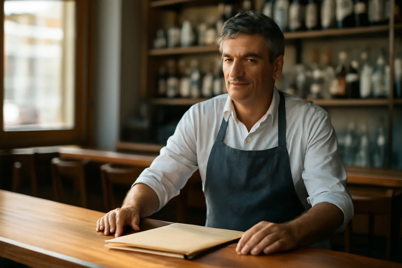 Restaurant owner reviewing liquor license paperwork at an empty bar counter