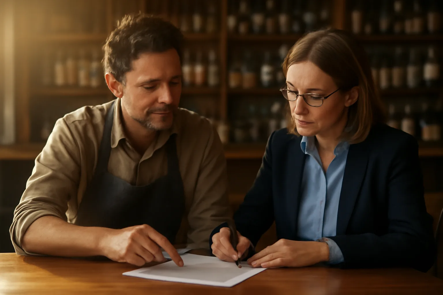 Restaurant owner reviewing liquor permit paperwork with a notary near a bar counter