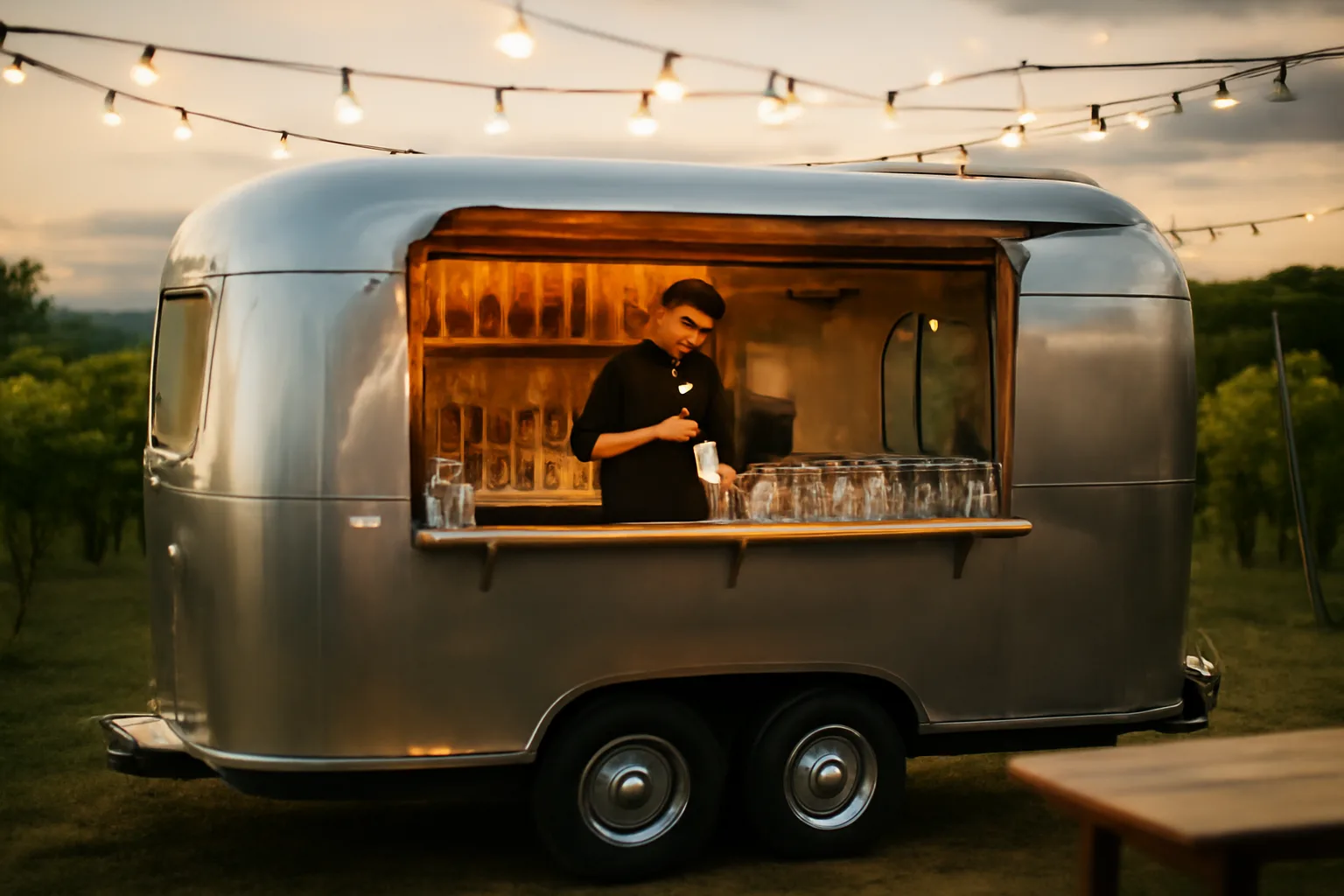 Mobile bar trailer set up outdoors at a California event during golden hour