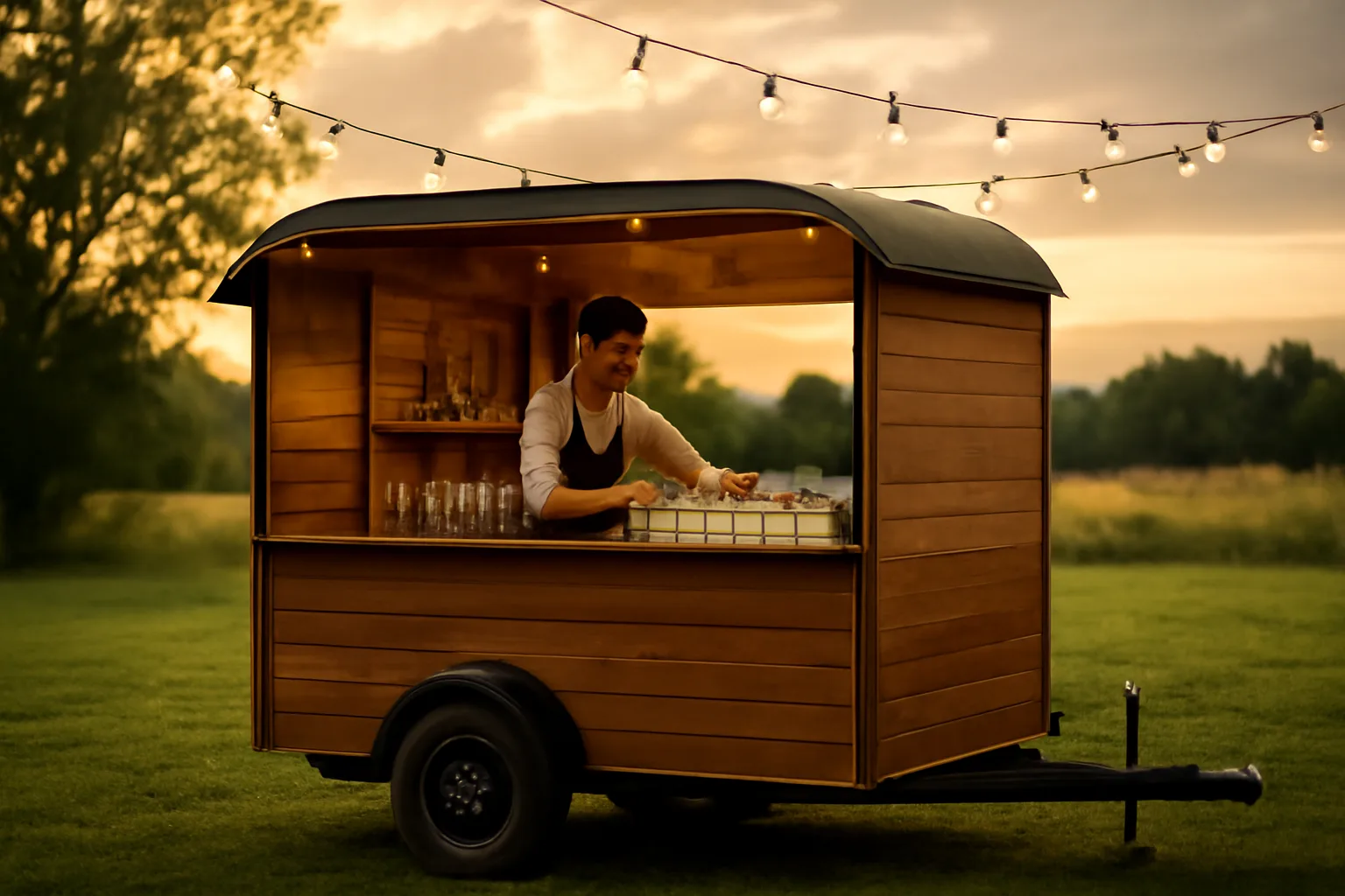 Mobile bar trailer set up outdoors at golden hour for an event