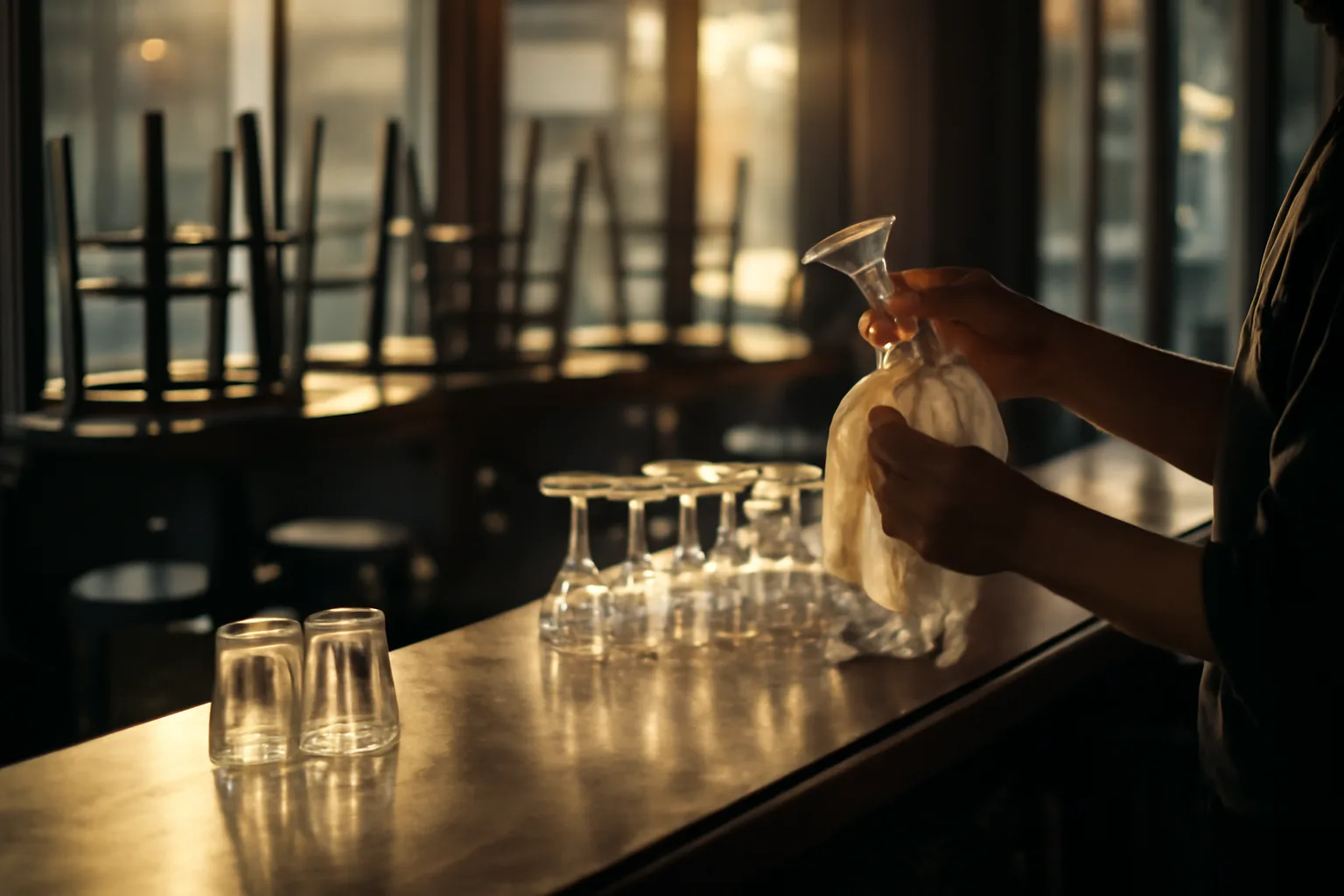 Empty restaurant bar counter in afternoon light before a liquor license opening