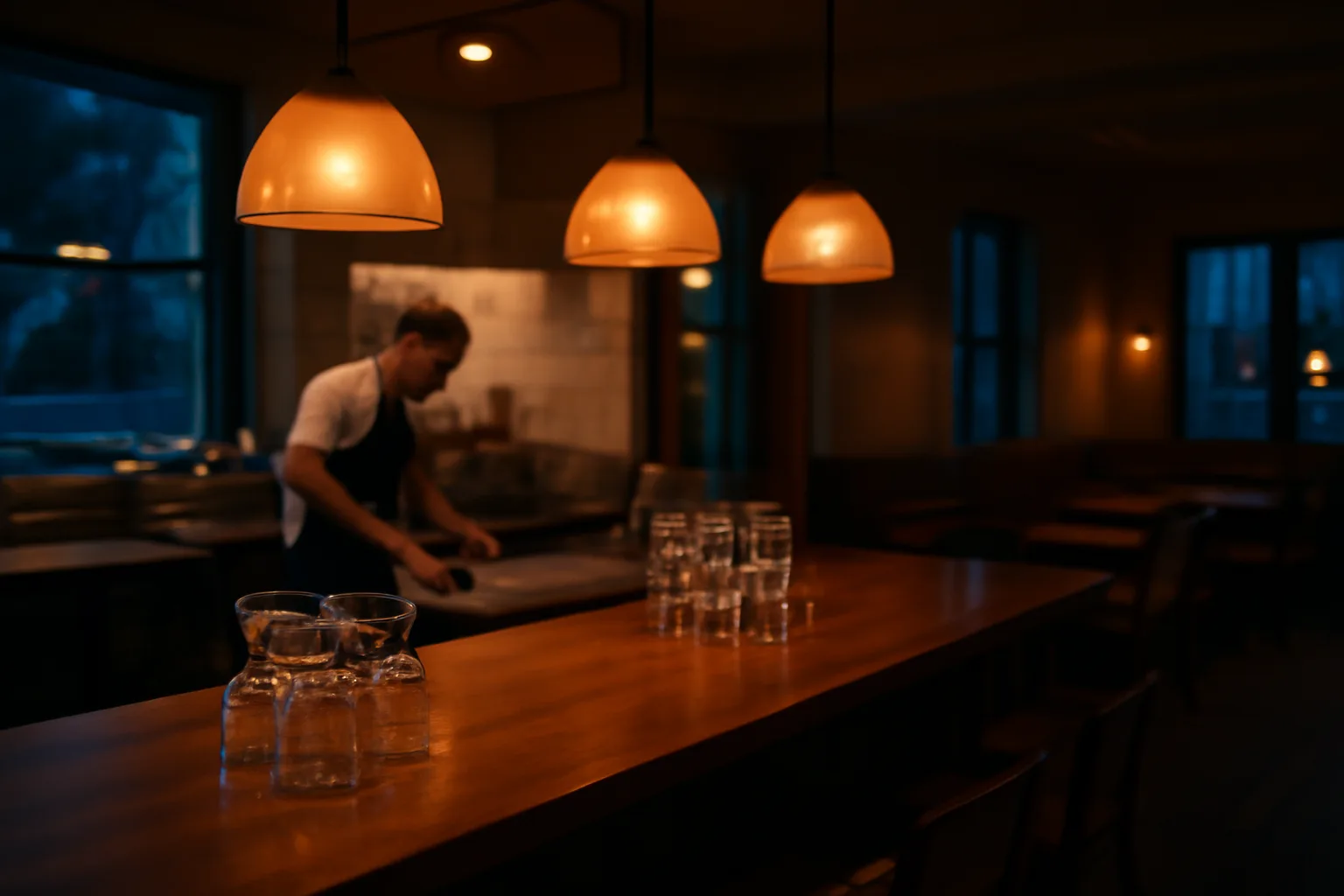 restaurant dining room and bar area lit warmly before evening service