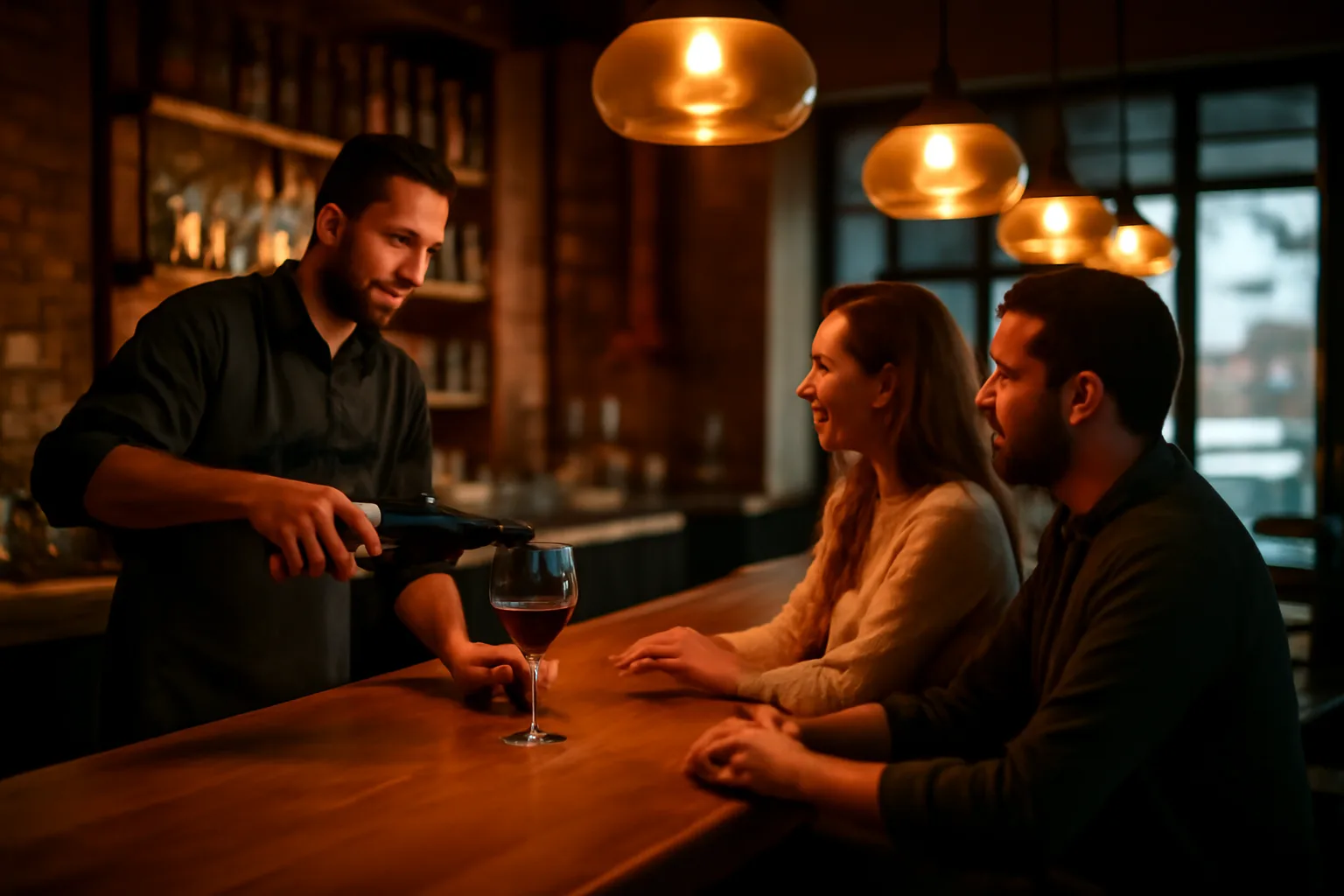 Bartender pouring wine at a restaurant bar counter in the evening