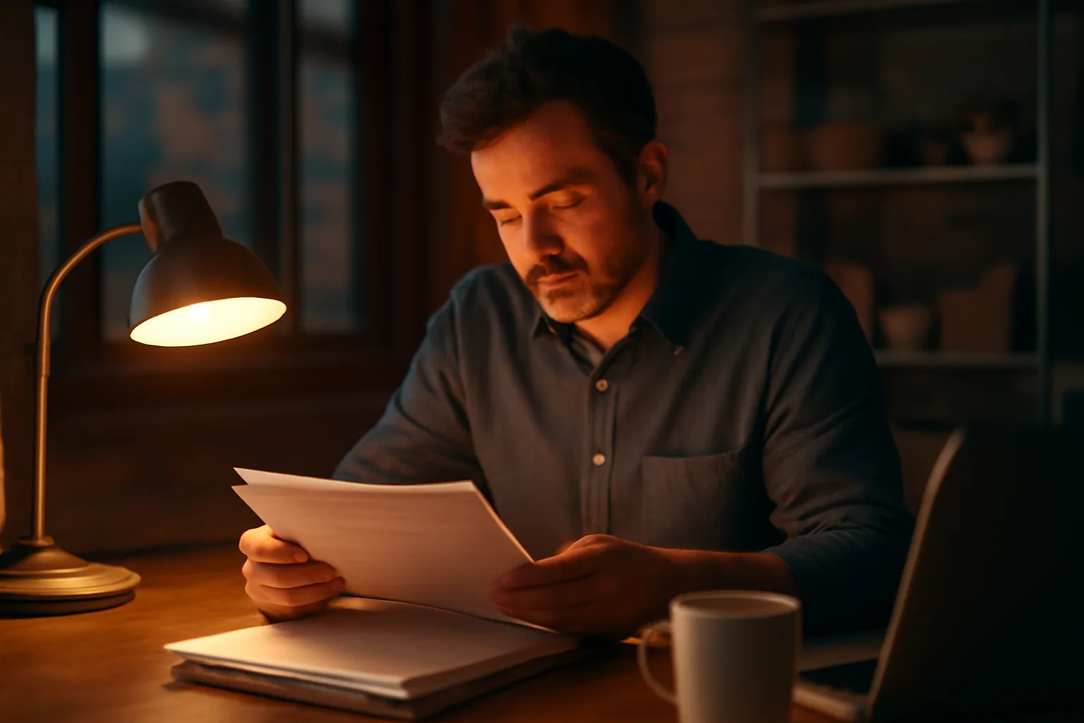 Restaurant owner reviewing license paperwork at a desk under lamp light