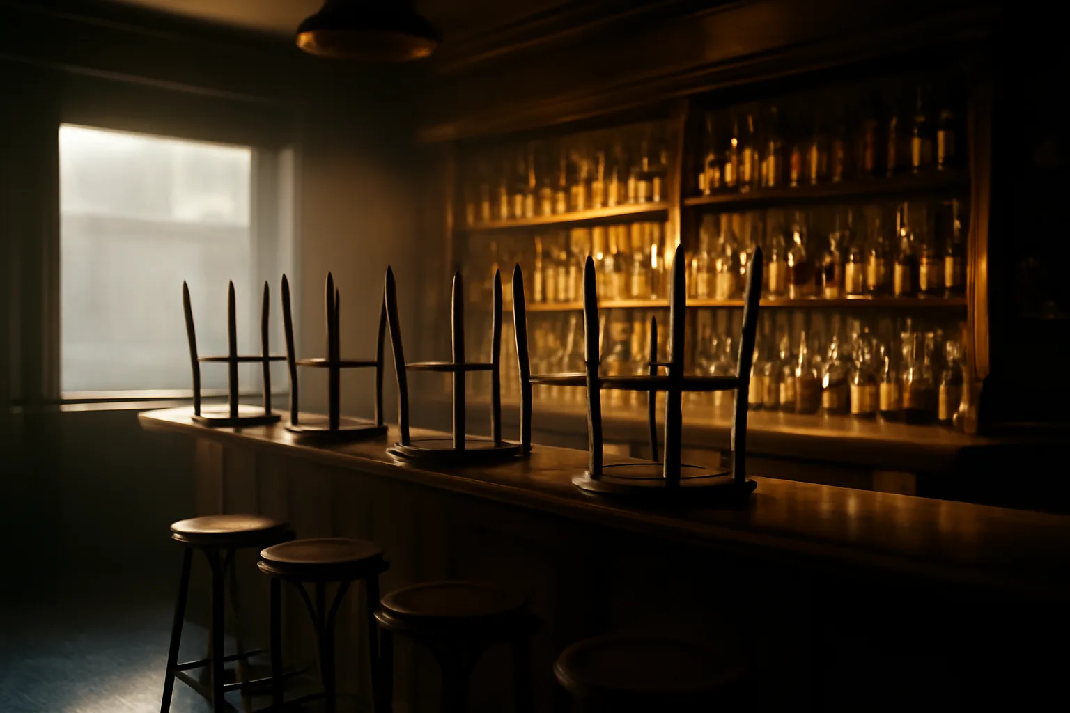Empty bar interior with sunlight on liquor bottles before opening hours