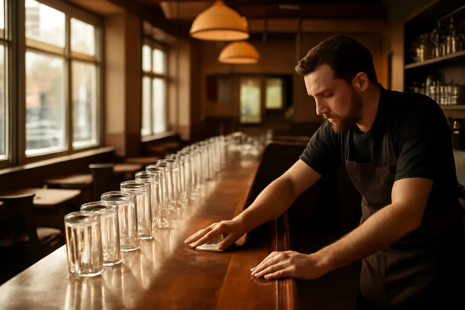 Bartender wiping down a sunlit bar counter before opening, illustrating types of liquor licenses in California