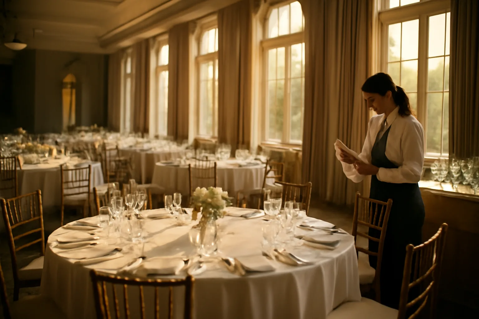 Banquet hall server preparing wine glasses at a bar station before an event