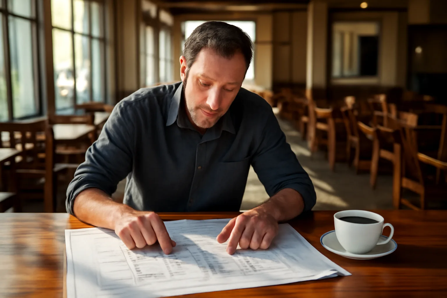 Restaurant owner reviewing floor plans while planning a class A B C liquor license application