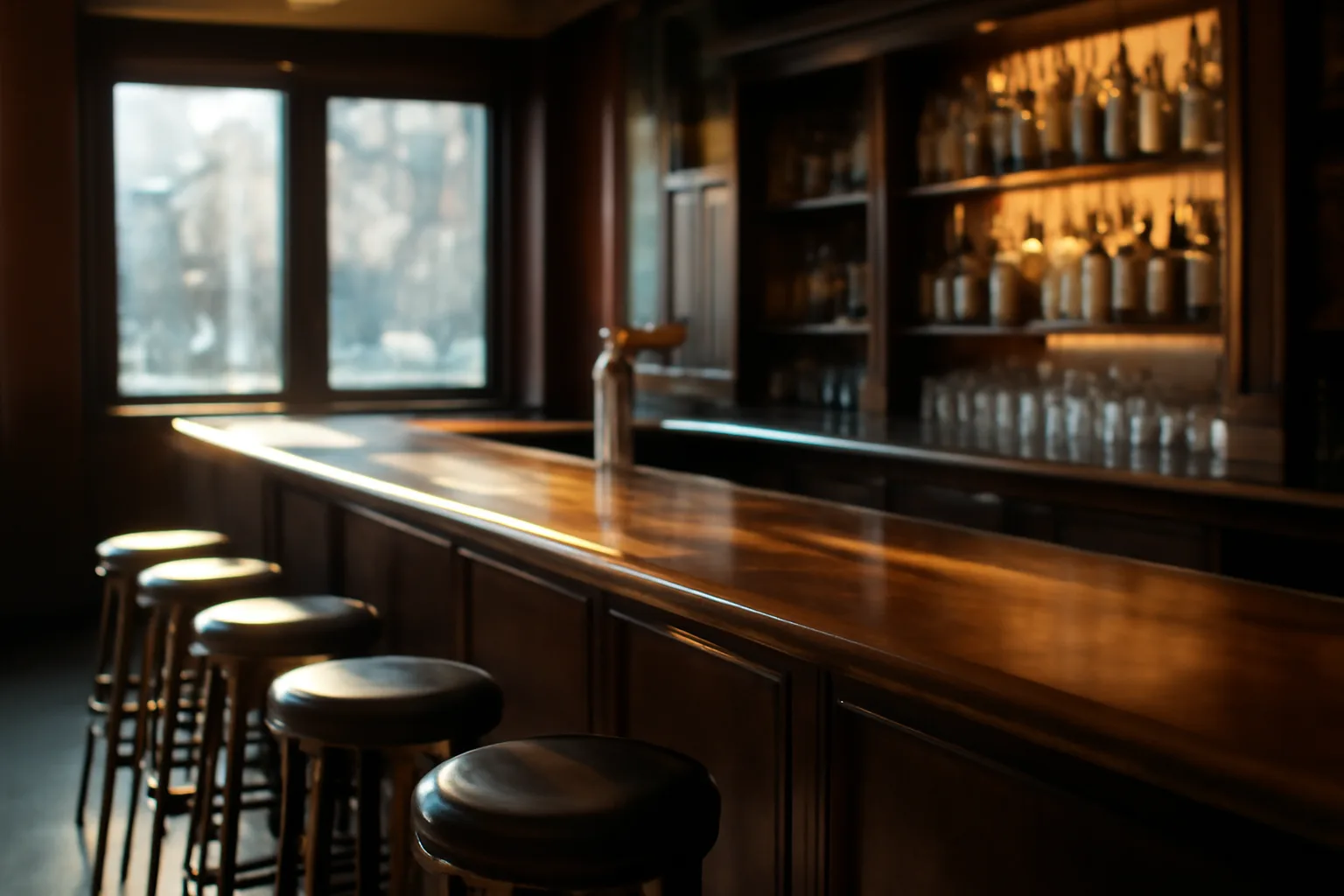 Empty bar counter in soft morning light, illustrating liquor license research before opening