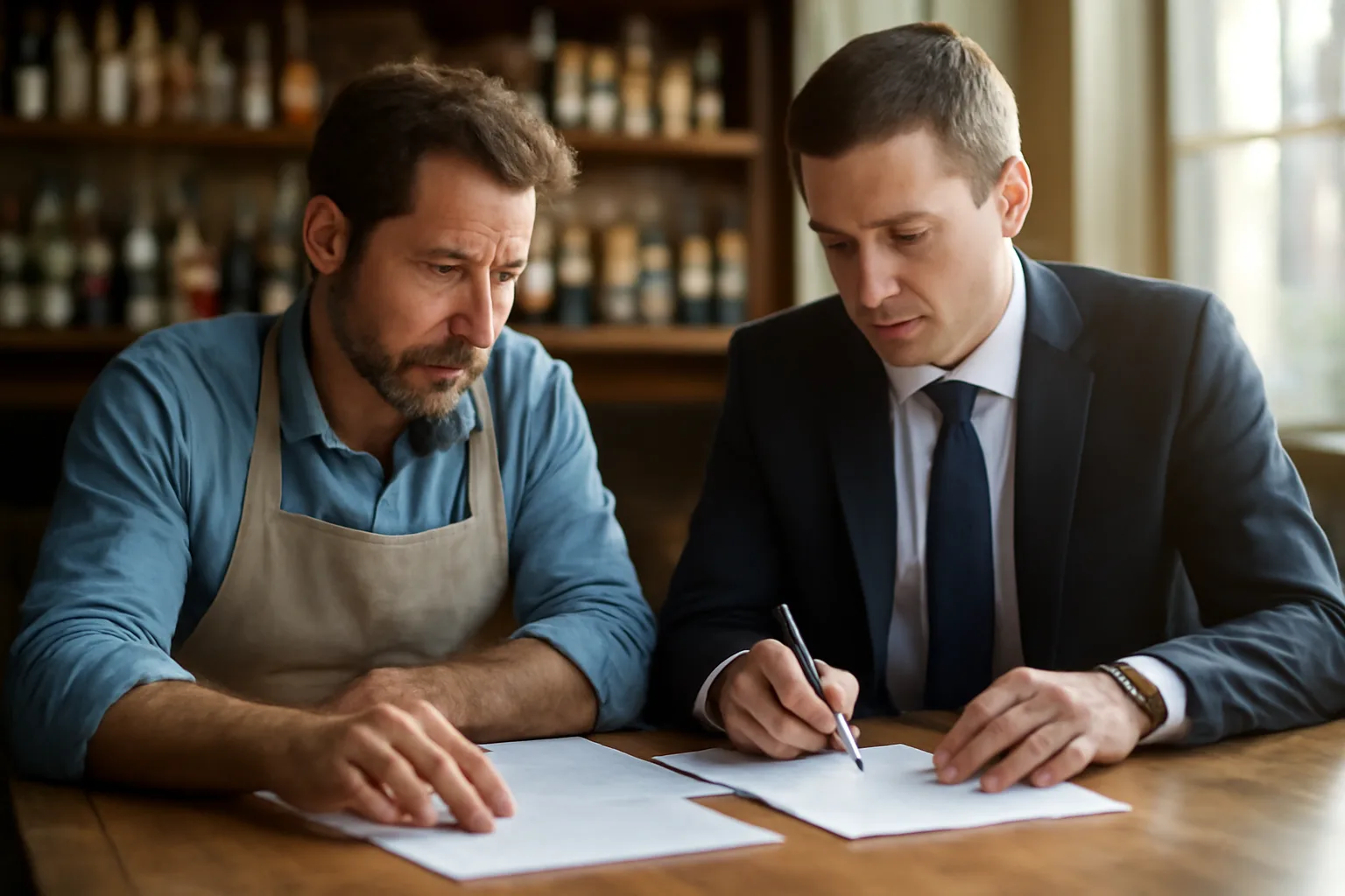 Restaurant owner reviewing liquor license paperwork at a bar counter table