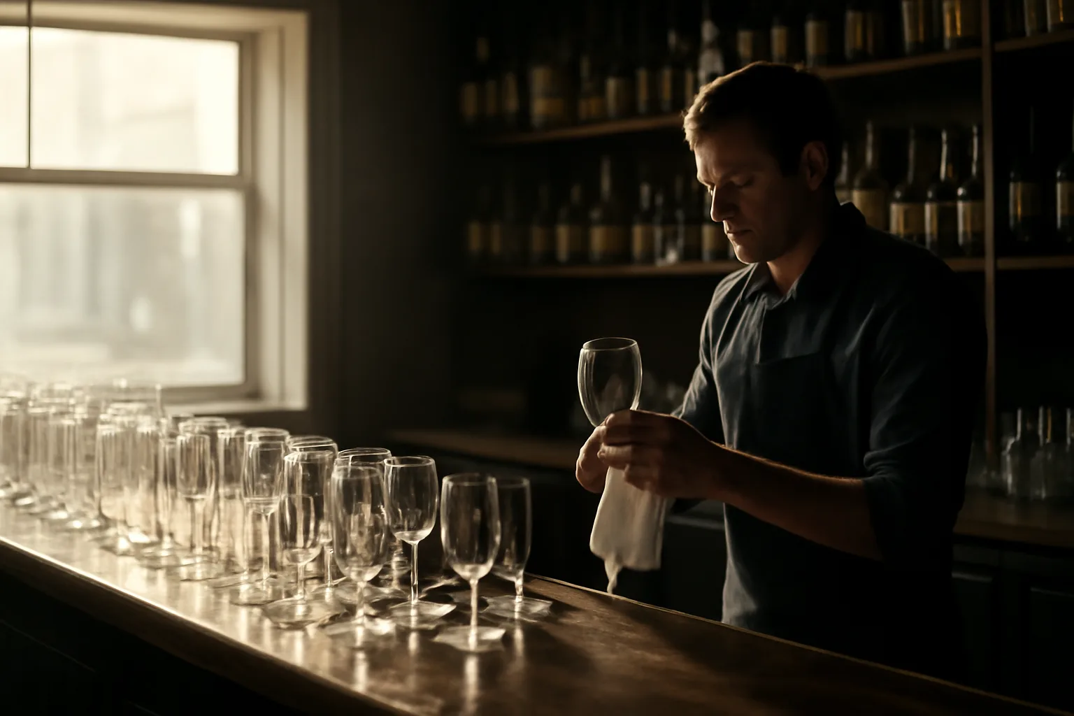 Bartender polishing glassware at a sunlit bar counter before opening