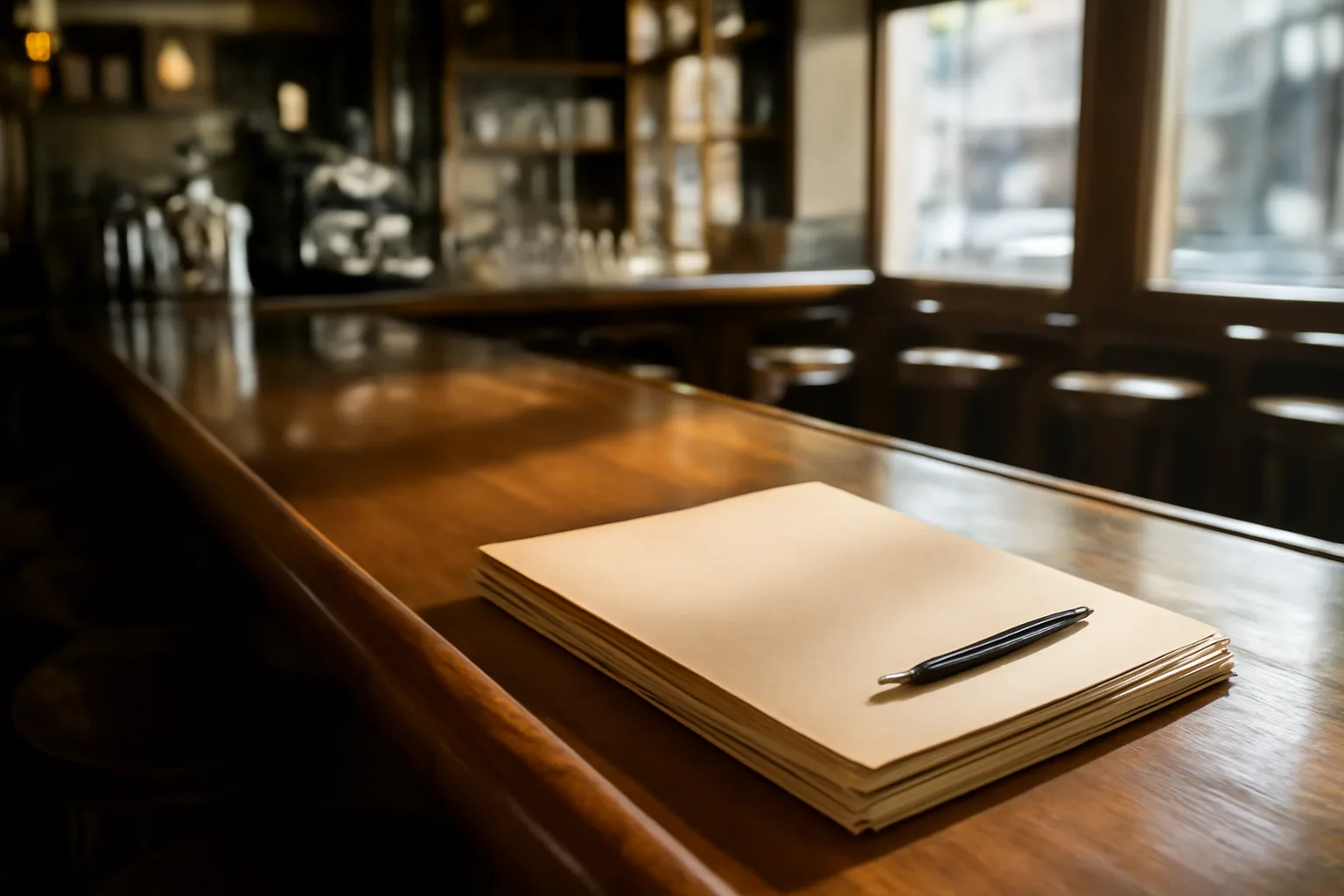 Empty bar counter with folders, representing paperwork behind a liquor license
