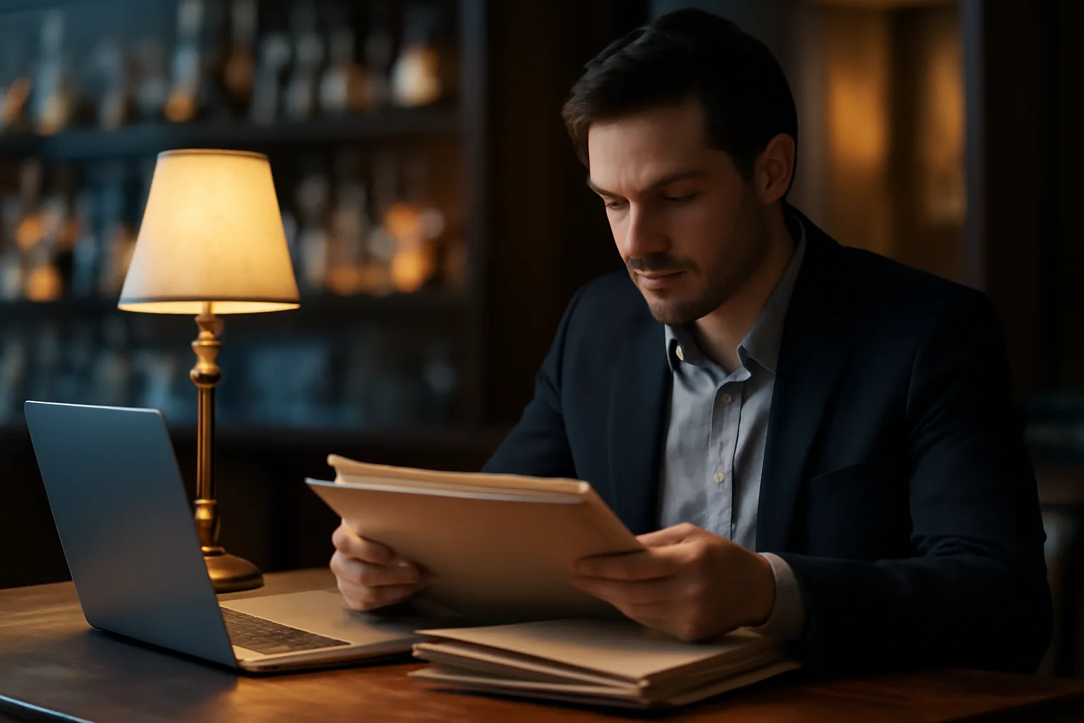 Bar manager reviewing paperwork at a desk while researching a state liquor license