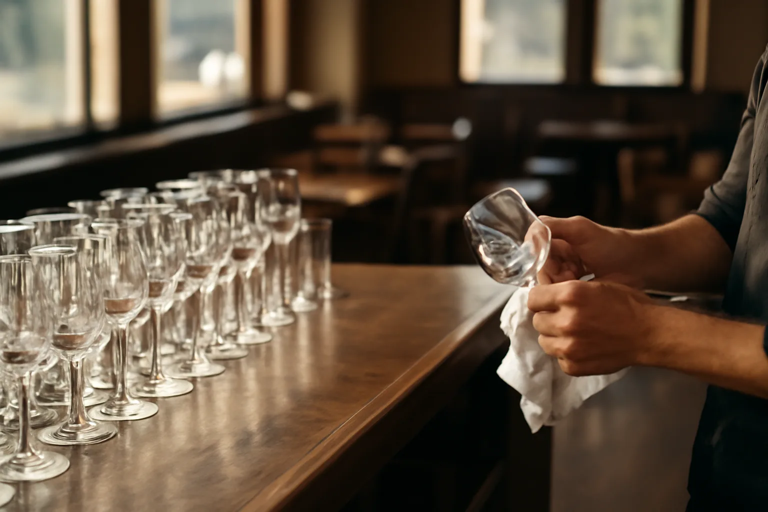Bartender polishing glassware at an empty bar before an ABC liquor license inspection