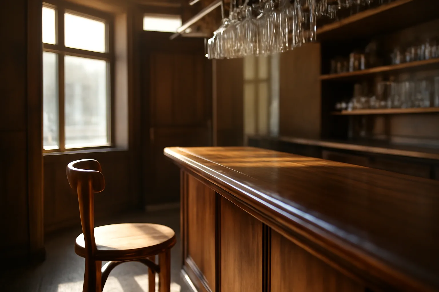 Empty bar interior with sunlit counter before a liquor license approval and opening day