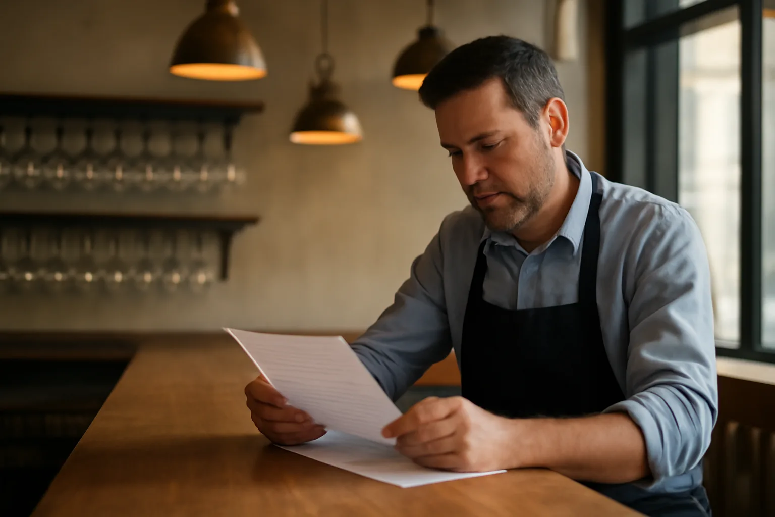 Restaurant owner reviewing lease paperwork at a bar counter before opening