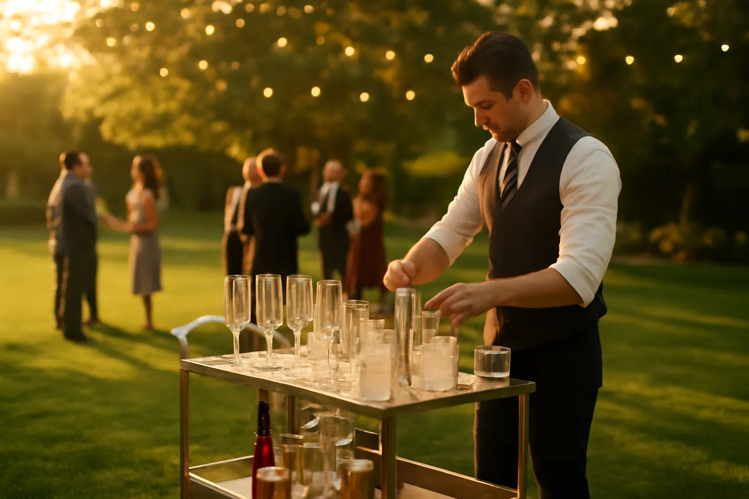 Mobile bar cart being set up outdoors before an evening event