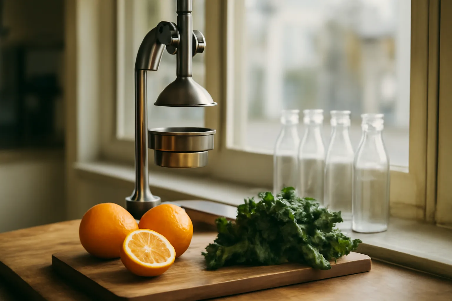Juice bar counter with fresh produce and a stainless steel juicer in morning light