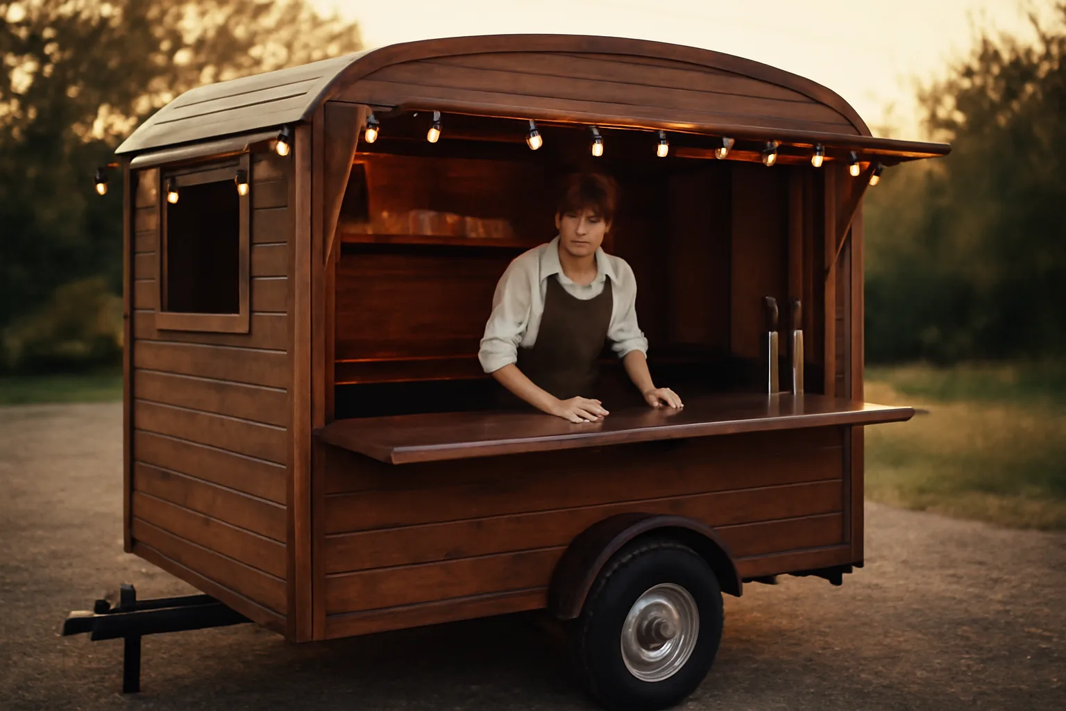 Mobile bar trailer at golden hour before an event with bartender preparing the counter