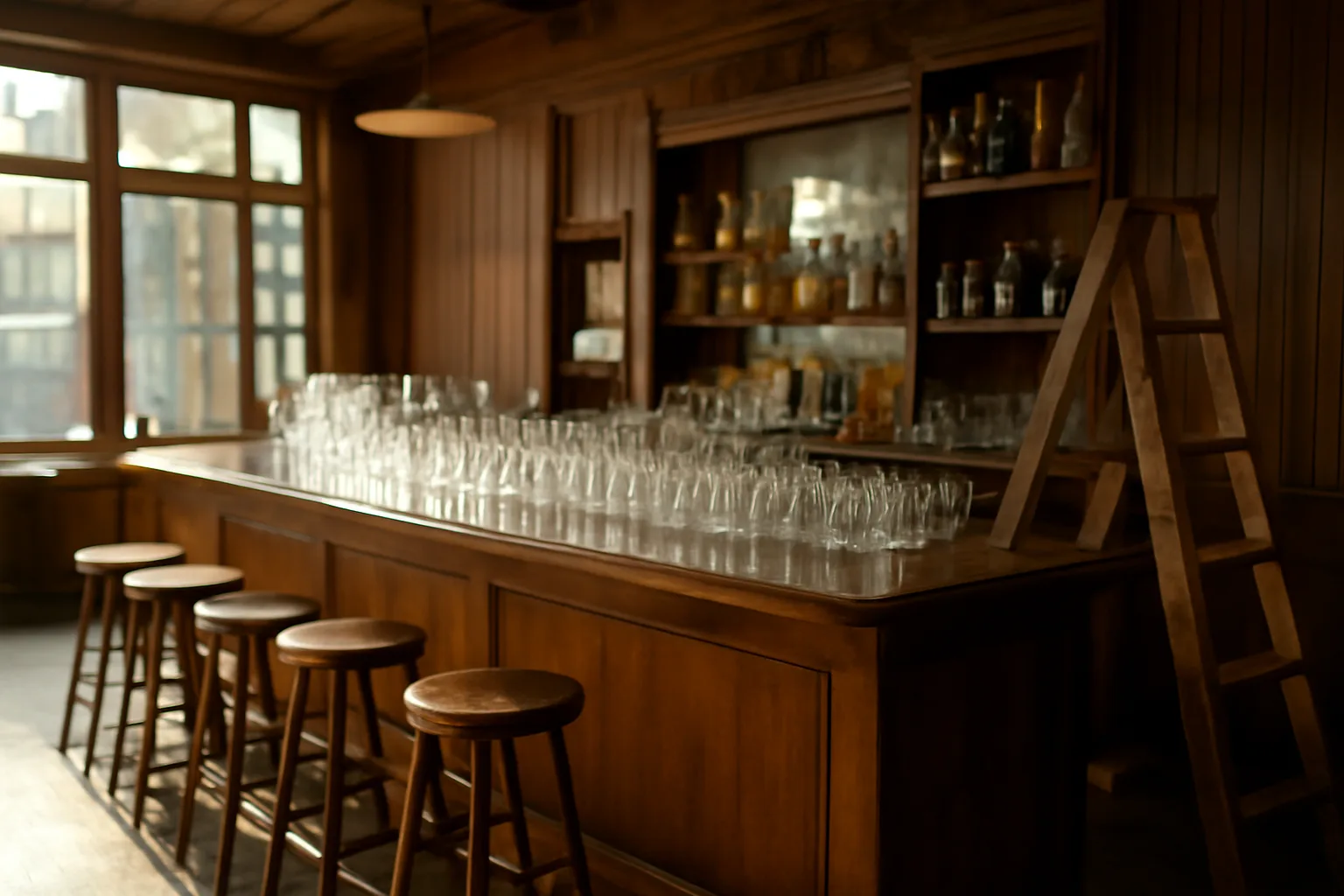 Empty bar interior mid-buildout with sunlight and unstocked shelves before opening