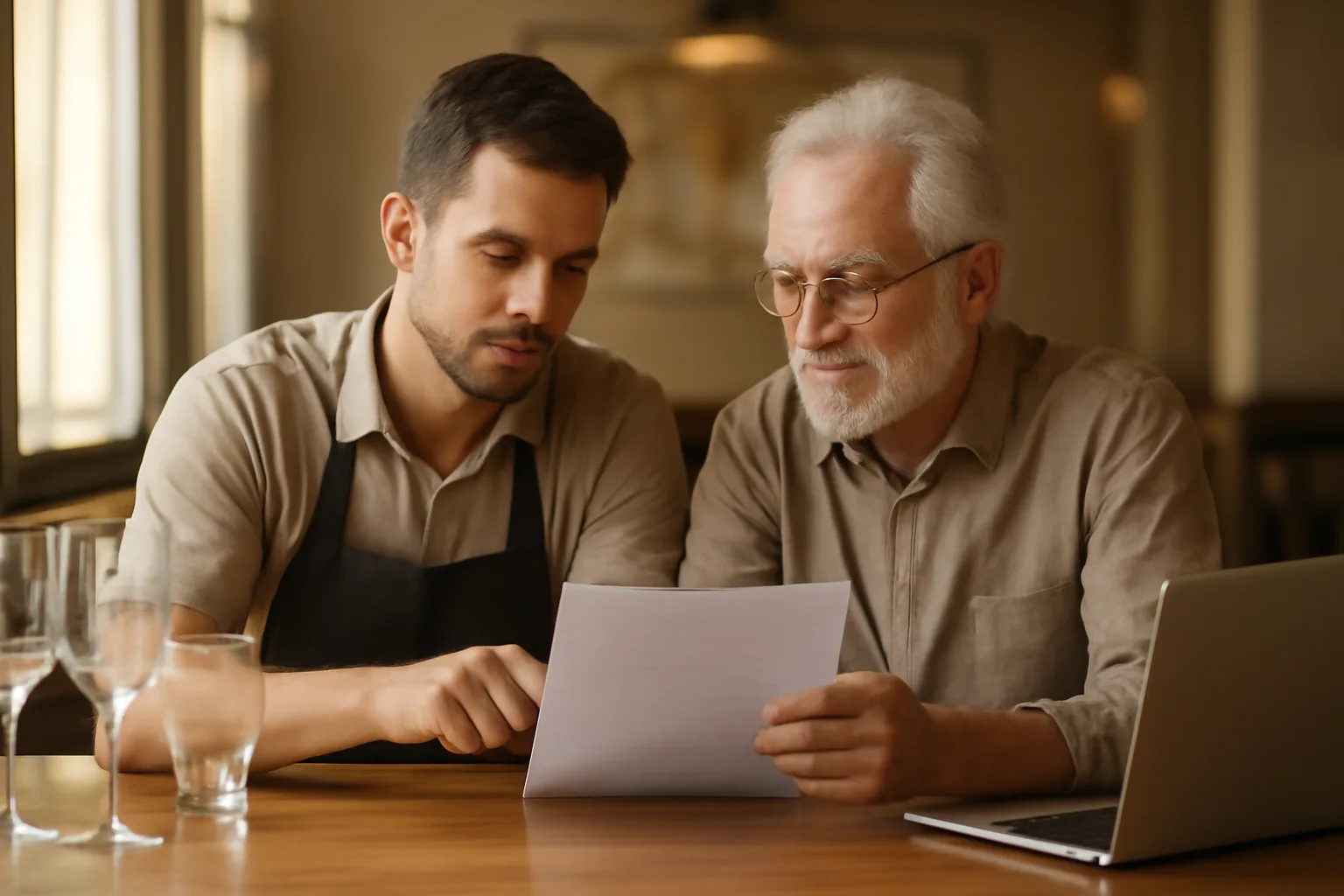 Restaurant owner reviewing liquor license paperwork with advisor at bar counter