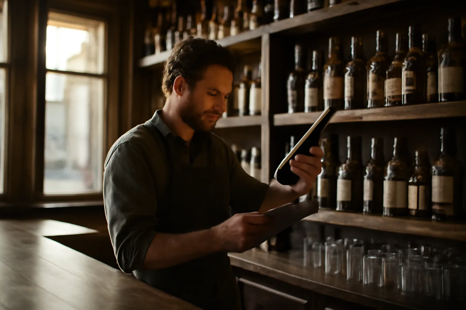 Bar owner checking liquor inventory during an ownership and license transfer